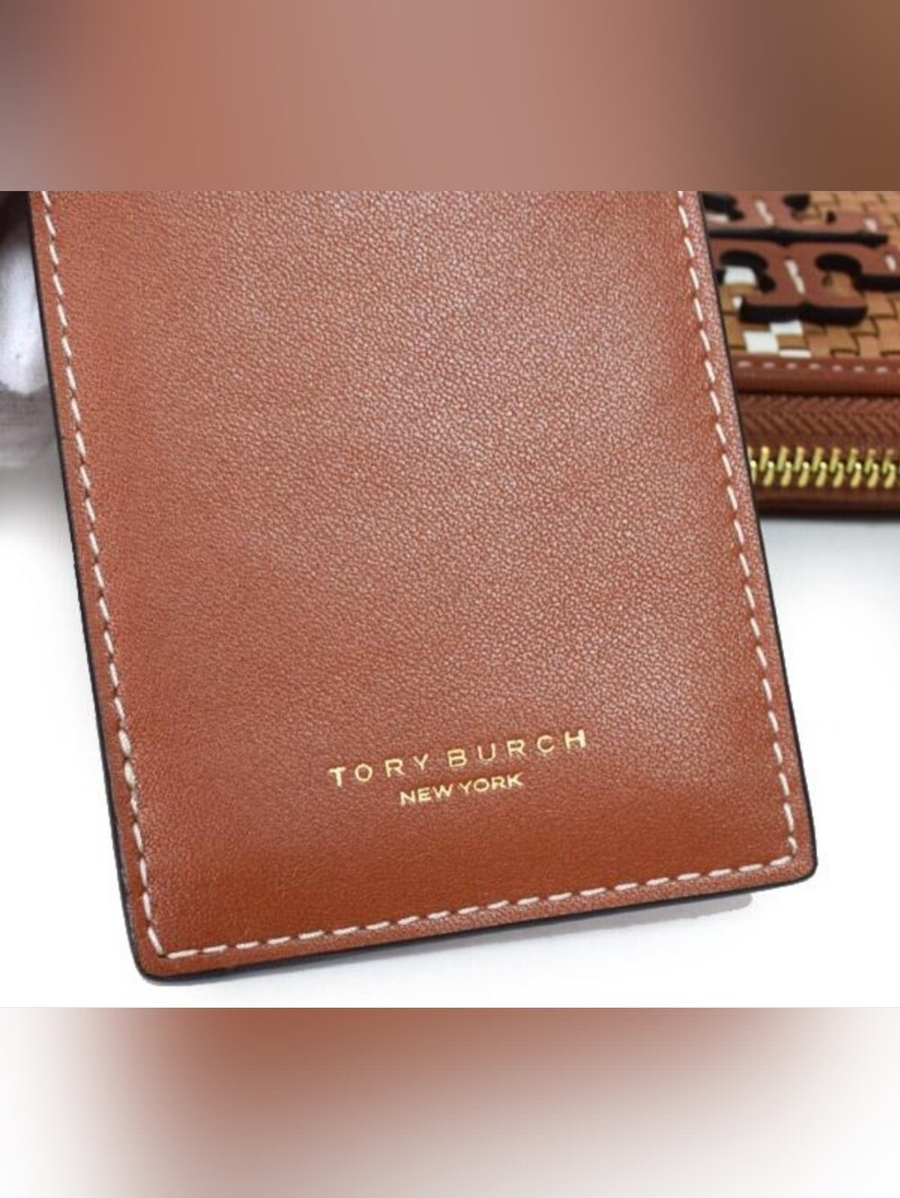 Tory Burch Woven Plaid Zip Around Wallet & Card Case Brown Multi Leather Gold To - Picture 4 of 6